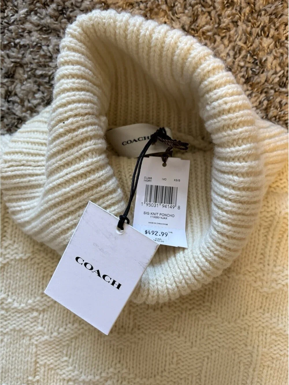 Coach Signature Rare Ivory Wool Blend Poncho Sweater Turtleneck Size XS/S $498